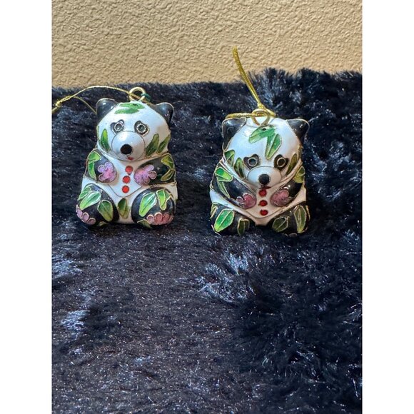 Cloisonné Panda Ornaments Set Of 2 With Gold Hanging Cord - Picture 1 of 9